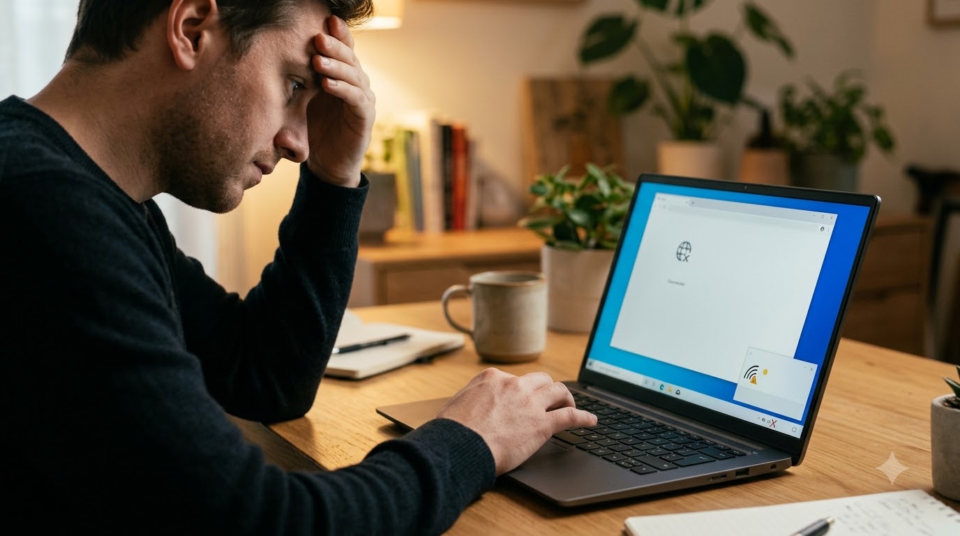 Laptop hiển thị mạng Wi-Fi và trạng thái kết nối Internet hoạt động bình thường